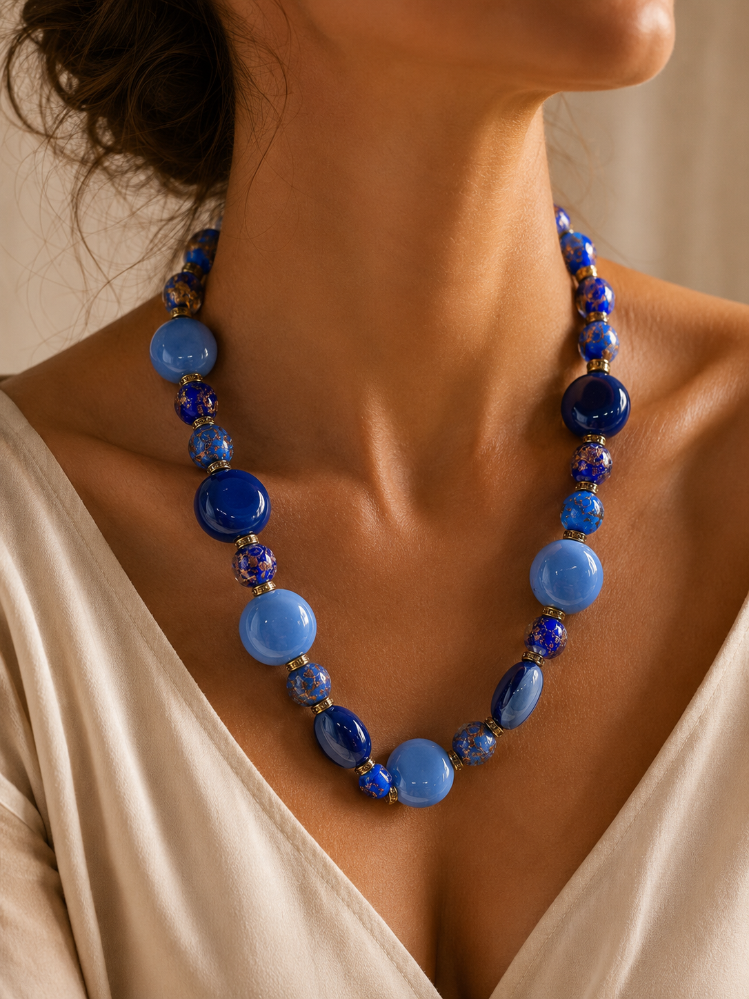 Collana Royal in vetro di Murano e ceramica, 46 cm, indossata